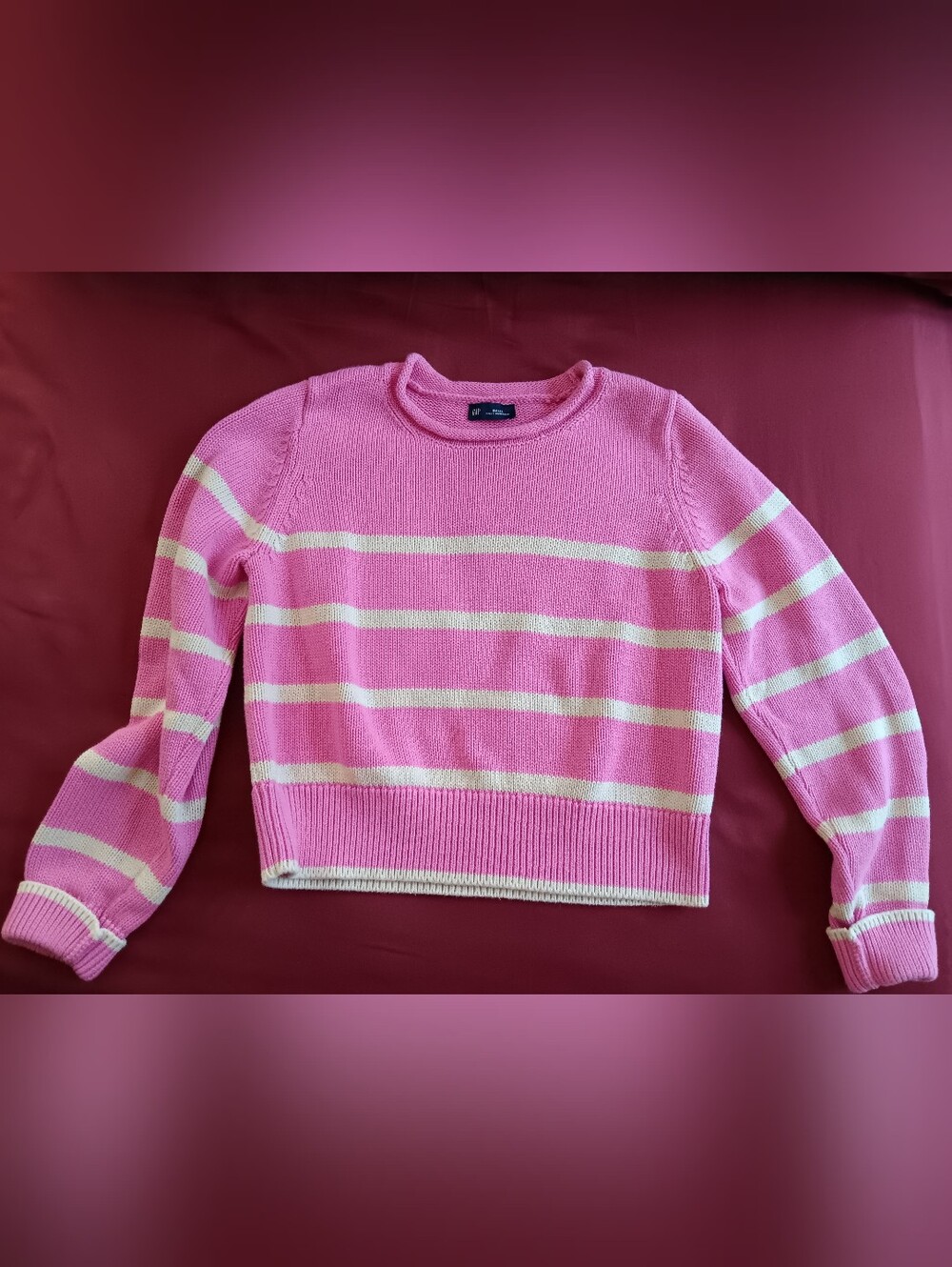 GAP Pink and Cream Striped Crewneck Sweater